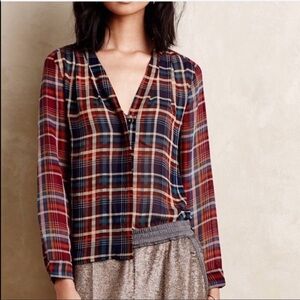 Anthropologie Maeve Plaid Sheer Button Up Blouse